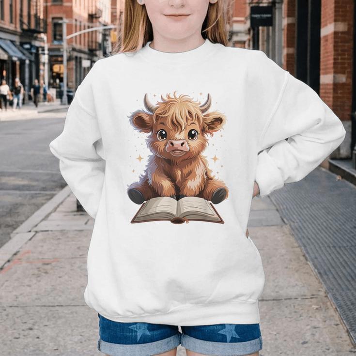 Highland Cow Reading Book Bookworm Youth Crewneck Sweatshirt