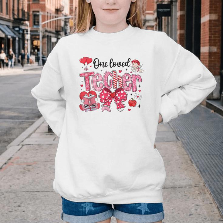 HUGvyn One Loved Teacher Valentine Book Heart Reading Bow Youth Crewneck Sweatshirt