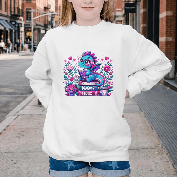 Just A Girl Who Loves Dragons And Books Cute Dragon Reading Premium Tri-Blend Youth Crewneck Sweatshirt
