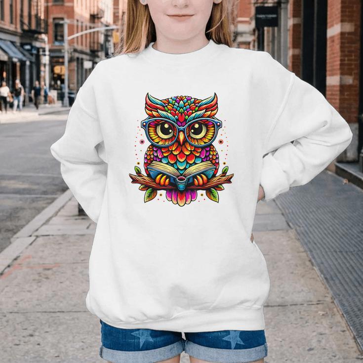 Owl With Glasses And Book Reading Youth Crewneck Sweatshirt