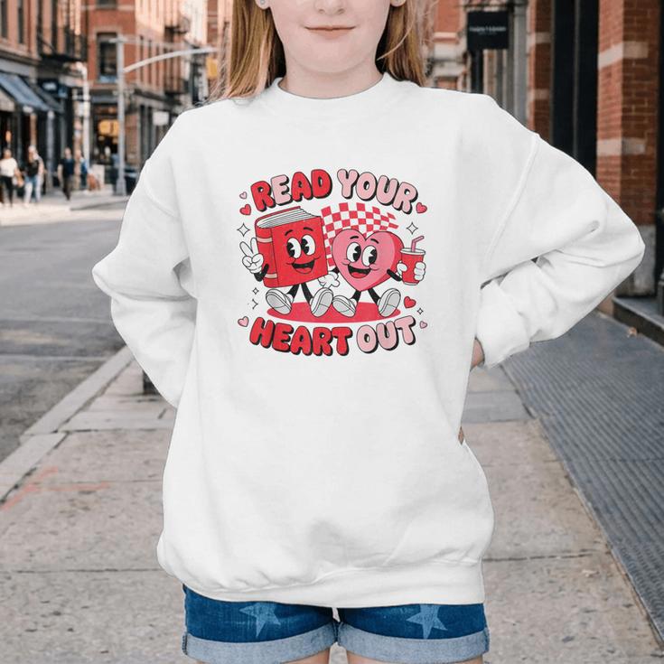 Read Your Heart Out Valentine's Day Retro Teacher Bookish Youth Crewneck Sweatshirt