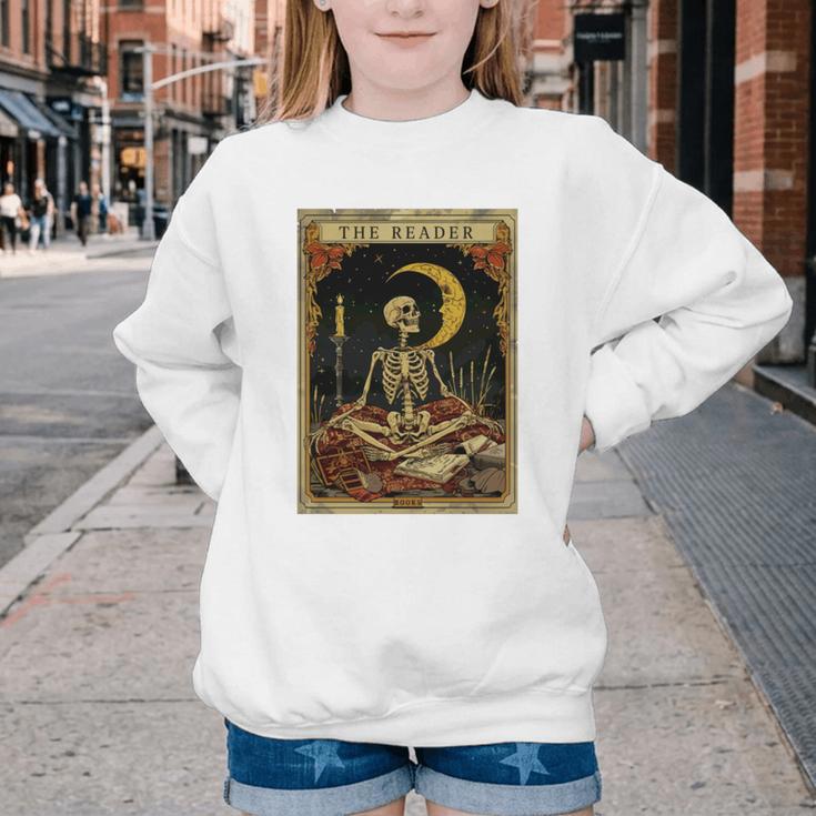 The Reader Tarot Card Book Lover Skeleton Art Goth Style Youth Crewneck Sweatshirt
