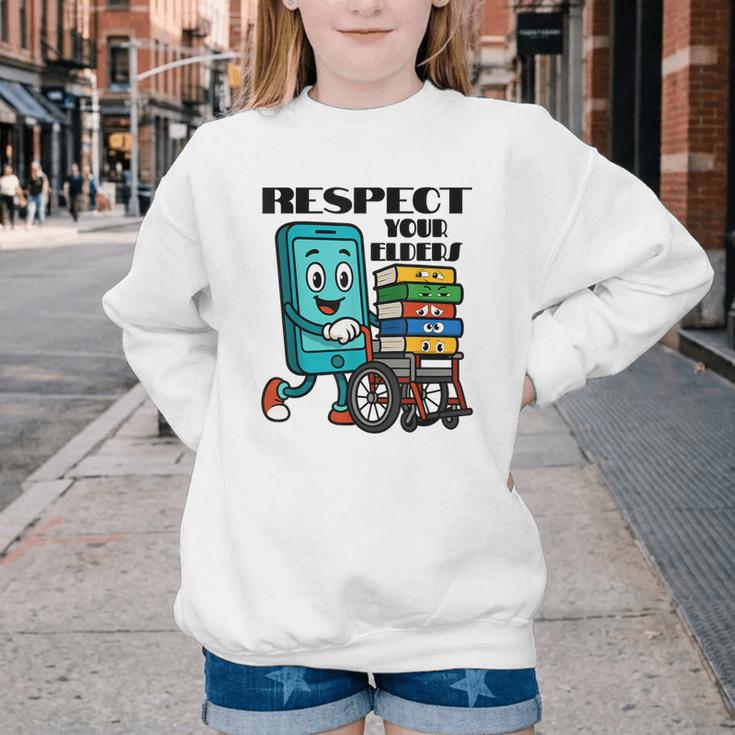 Respect Elders Cellphone Pushing Books In a Wheelchair Youth Crewneck Sweatshirt