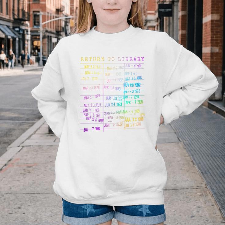 Return To Library Card Book Due Date Bookish Rainbow Reading Youth Crewneck Sweatshirt