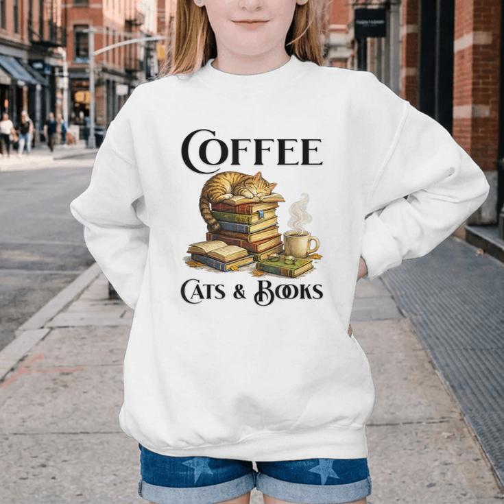 Sleeping Cat And Books With Coffee Lover Youth Crewneck Sweatshirt