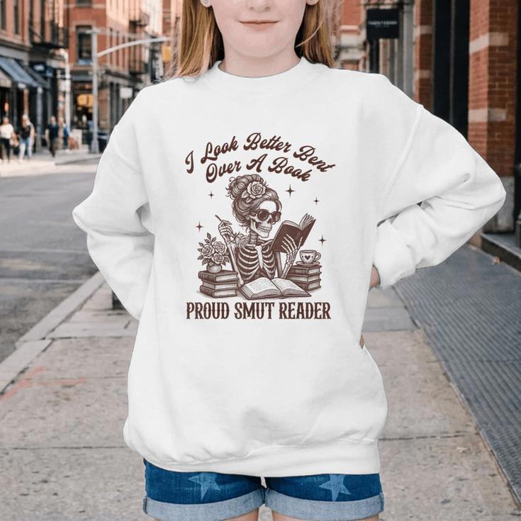 Smut Reader Spicy Romance Look Better Bent That Over A Book Youth Crewneck Sweatshirt