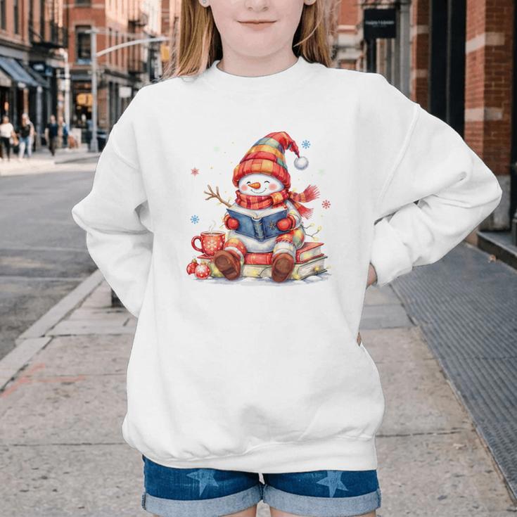 Snowman Reading Books Lovers Christmas Librarian Bookworm Youth Crewneck Sweatshirt