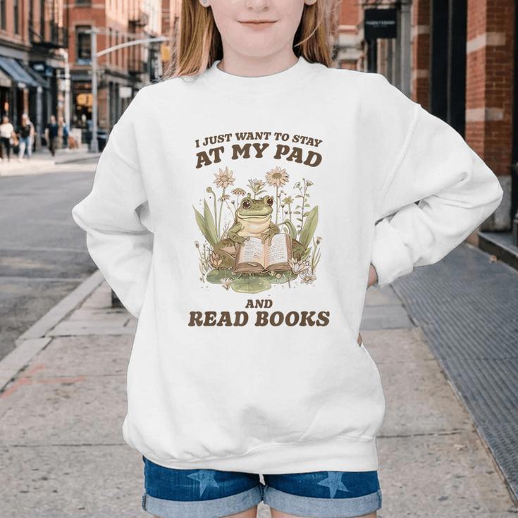 Stay At My Pad And Read Books Frog Introvert Reading Youth Crewneck Sweatshirt