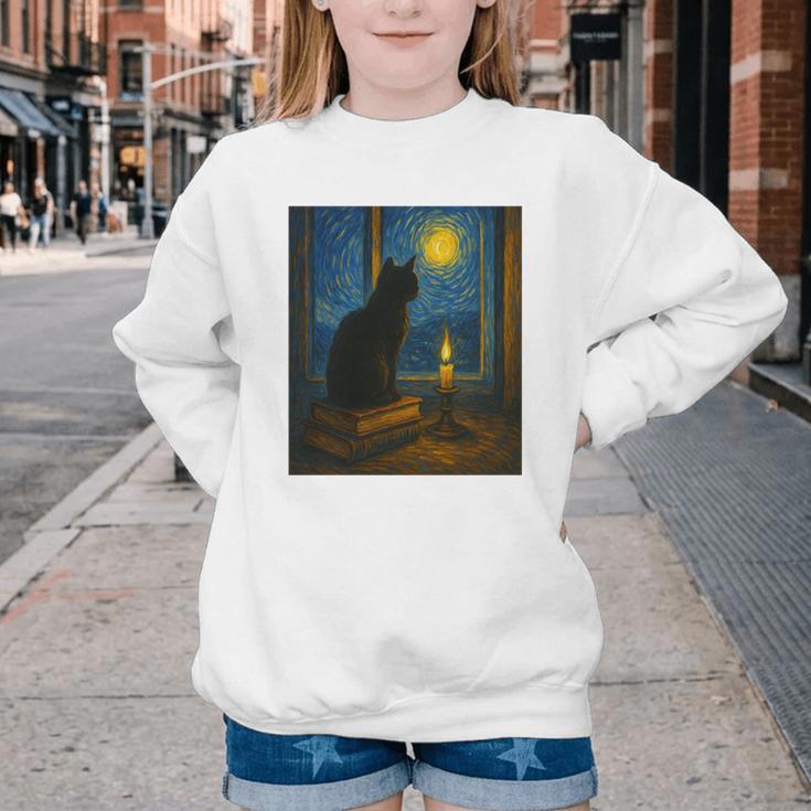 Van Gogh Starry Night Art Cat And Book Lovers Premium Tri-Blend Youth Crewneck Sweatshirt