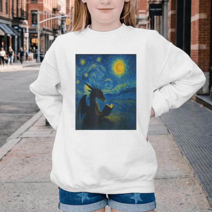 Van Gogh Starry Night Fantasy Reader Dragon Reading Book Youth Crewneck Sweatshirt