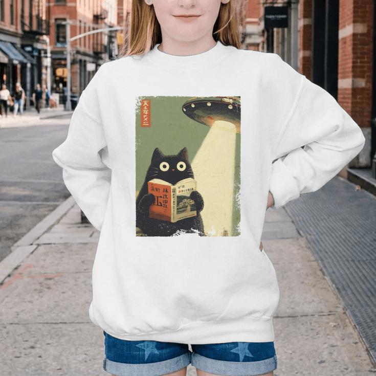 Vintage Japanese Cat Book Lovers UFO Alien Abduction Cat Dad Youth Crewneck Sweatshirt Vintage Japanese Cat Book Lovers UFO Alien Abduction Cat Dad Youth Crewneck Sweatshirt