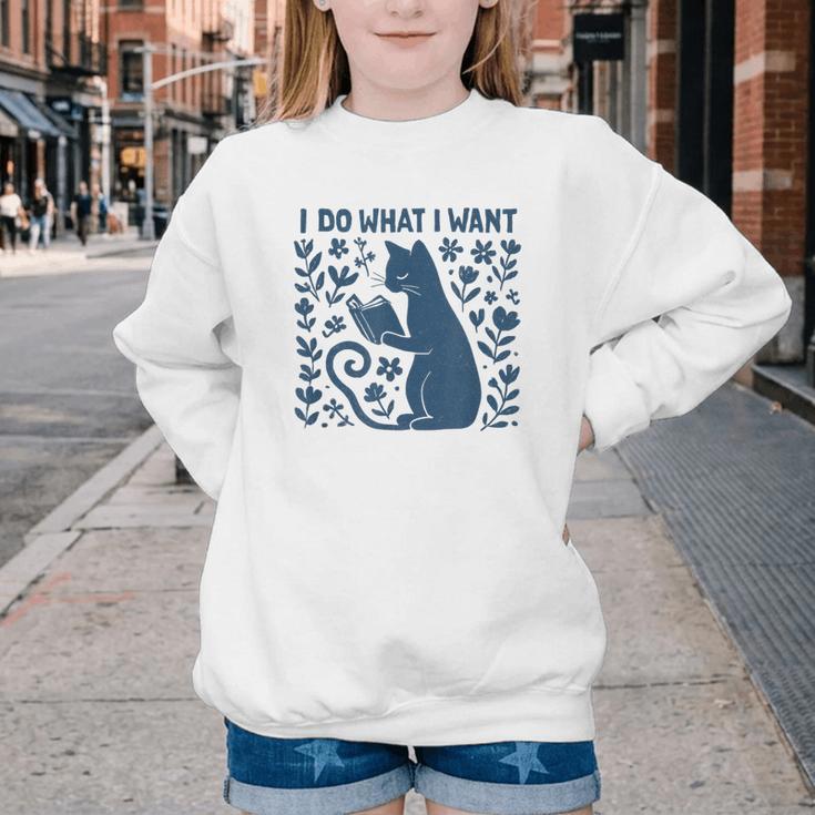 I Do What I Want Cat Reading Book Boho Flowers Vintage Youth Crewneck Sweatshirt