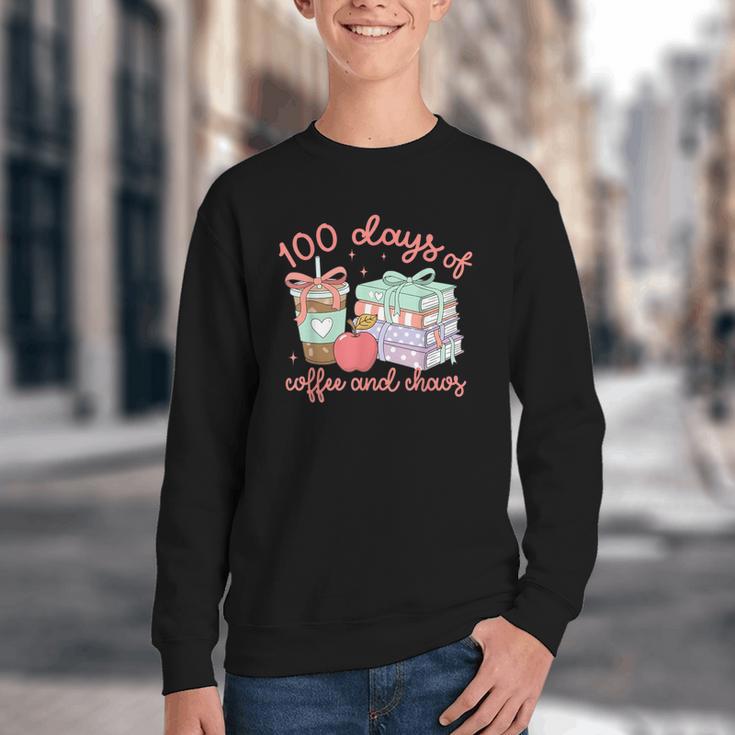 100 Days Of Coffee And Chaos Coquette Bow Book Apple Youth Crewneck Sweatshirt