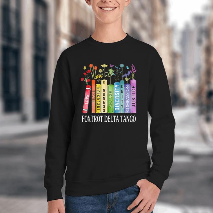 8647 Foxtrots Tangos Deltas Book Flower Resist Book Lovers Youth Crewneck Sweatshirt