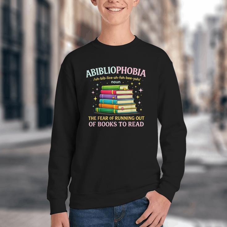 Abibliophobia Bibliophilia Abibliophobia Book Lovers Youth Crewneck Sweatshirt