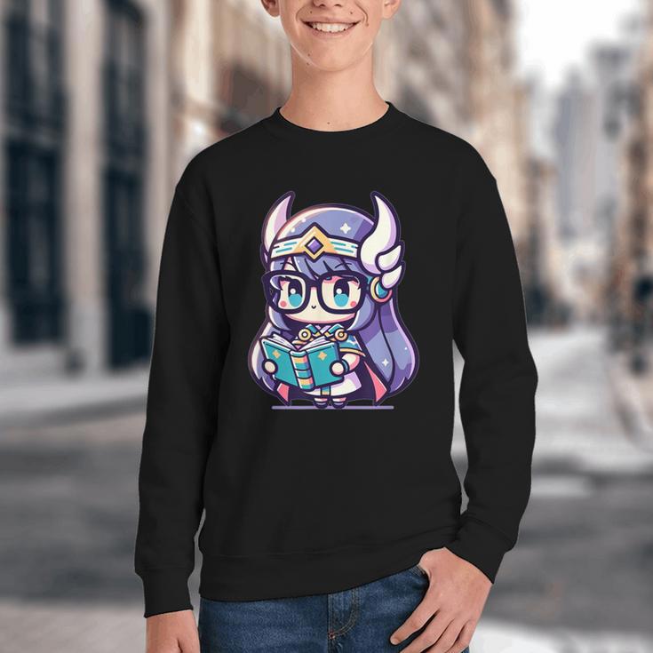 Adorable Book Lover Valkyrie With Reading Glasses Cute Youth Crewneck Sweatshirt