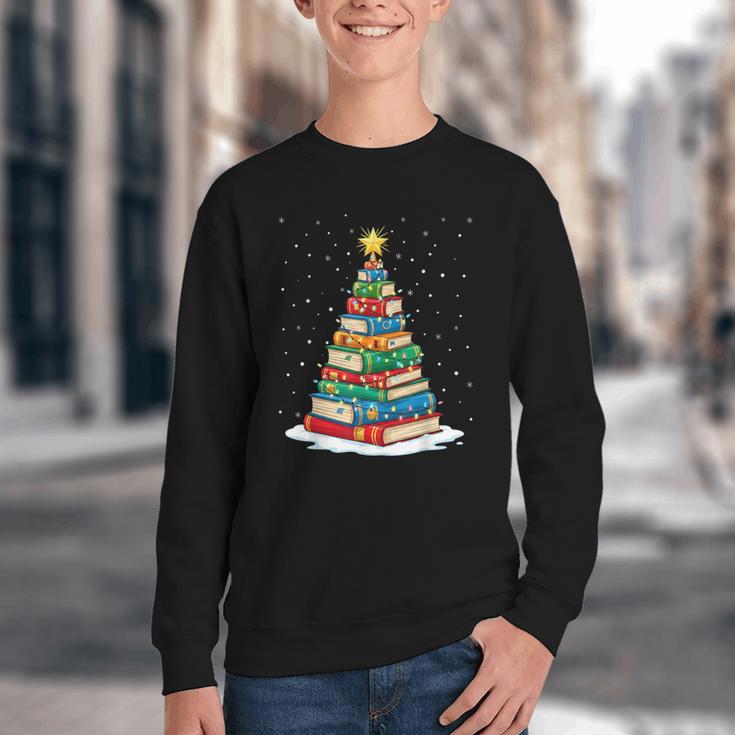 Book Christmas Tree Xmas Lights Book Lover Teacher Librarian Youth Crewneck Sweatshirt