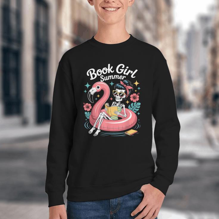 Book Girl Summer Skeleton Reading Books Lovers Beach Youth Crewneck Sweatshirt