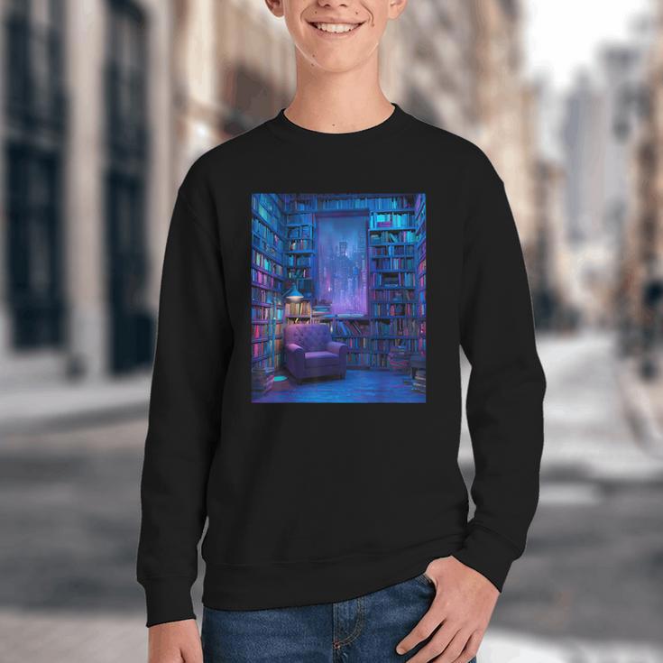 Book Library Bookshelf Armchair Window Pattern Print Youth Crewneck Sweatshirt