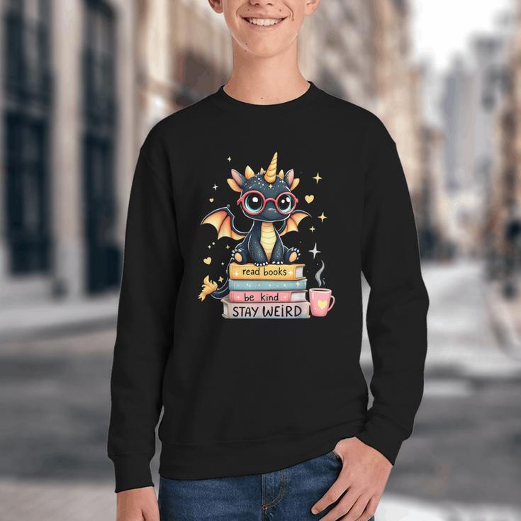 Book Lover Chibi Dragon With Big Red Glasses Bookworm Youth Crewneck Sweatshirt