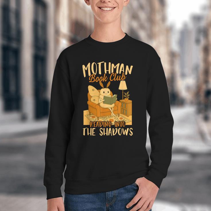 Book Lover Moth Mothman Book Club Reading Into Shadows Youth Crewneck Sweatshirt Book Lover Moth Mothman Book Club Reading Into Shadows Youth Crewneck Sweatshirt