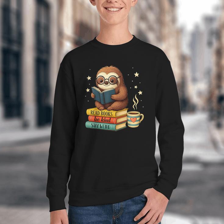 Book Lover Sloth Reading Bookish Library Read Books Be Kind Youth Crewneck Sweatshirt