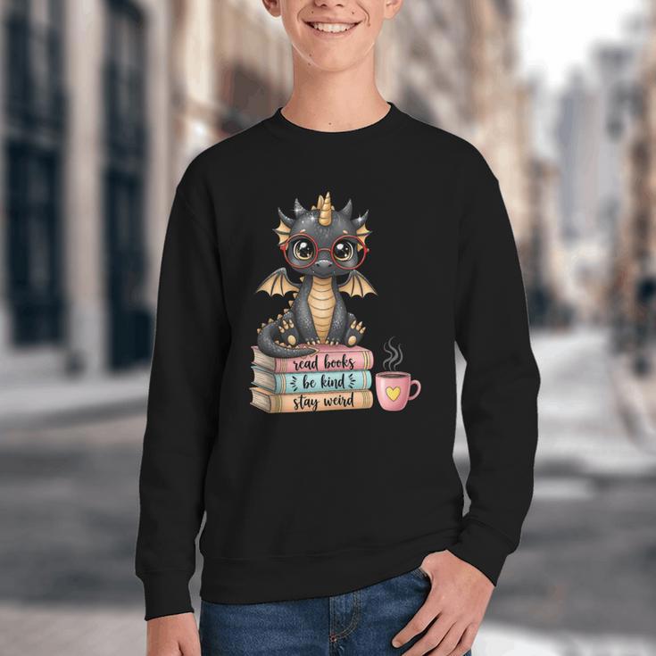 Book Lover Stay Weird Be Kind Read Books Baby Dragon Youth Crewneck Sweatshirt