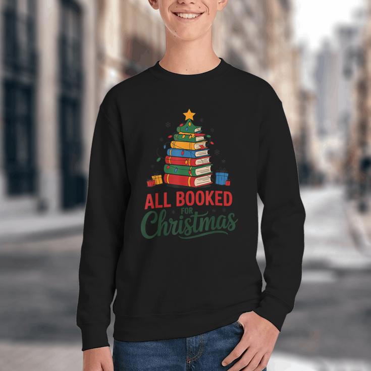 All Booked For Christmas Librarian Reader Xmas Pajama Youth Crewneck Sweatshirt