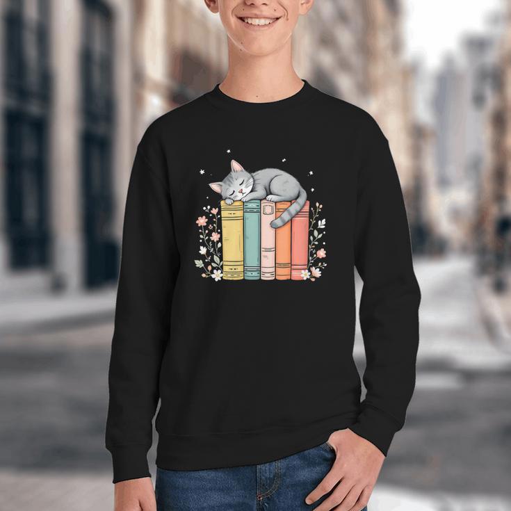 Books Lover Cute Sleepy Cat Relax Reading Vibe Youth Crewneck Sweatshirt