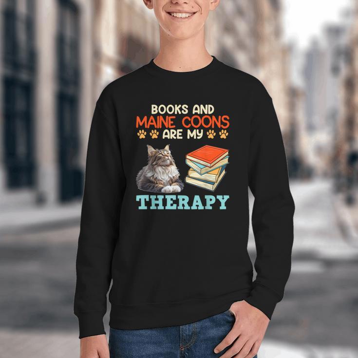 BOOKS AND MAINE COONS ARE MY THERAPY Main Coon Youth Crewneck Sweatshirt
