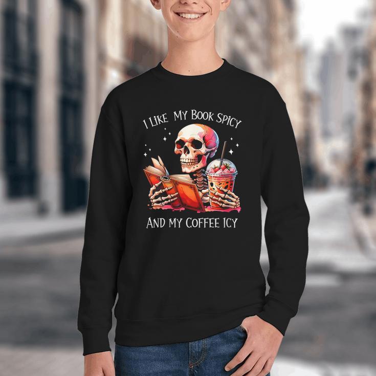 I Like My Books Spicy And My Coffee Icy Skeleton Youth Crewneck Sweatshirt