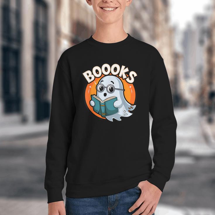 BOOOKS Cute Ghost Reading Books Halloween Youth Crewneck Sweatshirt