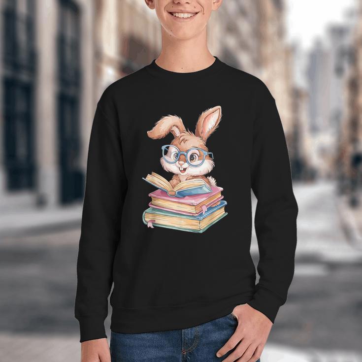 Bunny Rabbit Reading Books Rabbit Books Bunny Reader Youth Crewneck Sweatshirt