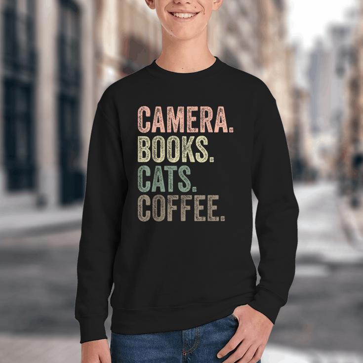 Camera Books Cats And Coffee Lover Photography Men Women Youth Crewneck Sweatshirt Camera Books Cats And Coffee Lover Photography Men Women Youth Crewneck Sweatshirt