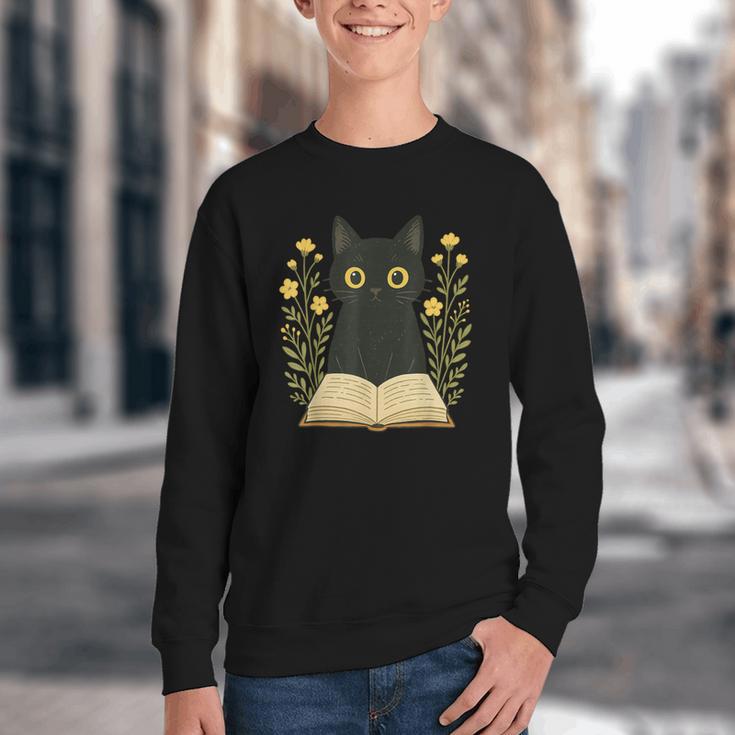 Cat Reading Book Flowers Youth Crewneck Sweatshirt