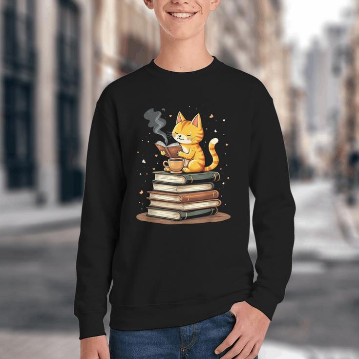 Cat Reading Books Youth Crewneck Sweatshirt