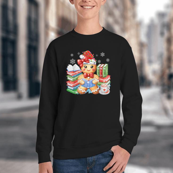 Christmas Gingerbread Man Reading Book Snowflake Teacher Youth Crewneck Sweatshirt