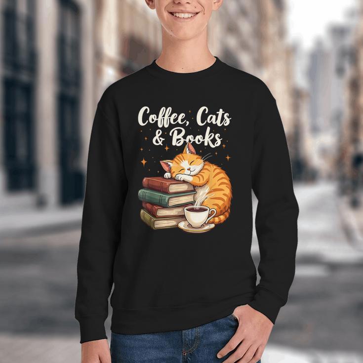 Coffee Cats & Books Lover For Women & Girls Coffee Youth Crewneck Sweatshirt