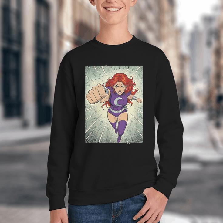 The Crimson Crescent 90s Retro Comic Book Superheroine Art Youth Crewneck Sweatshirt