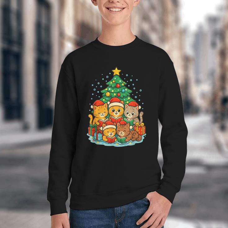 Cute Cats Reading Books Christmas Tree Youth Crewneck Sweatshirt