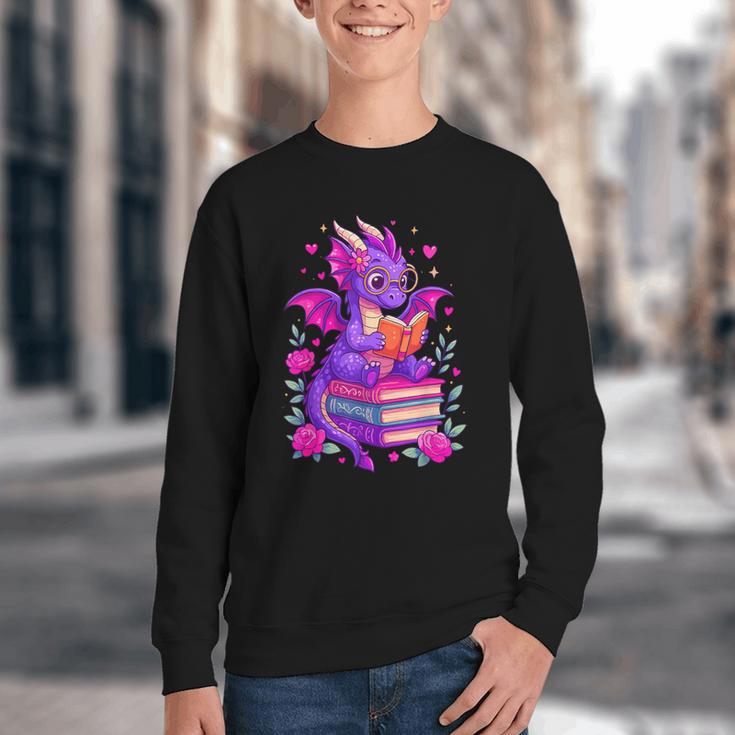 Cute Dragon Reading Books Bookworm Youth Crewneck Sweatshirt Cute Dragon Reading Books Bookworm Youth Crewneck Sweatshirt