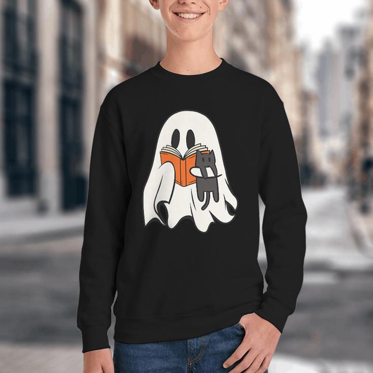 Cute Ghost Cat Reading Book Spooky Season Halloween Costume Youth Crewneck Sweatshirt