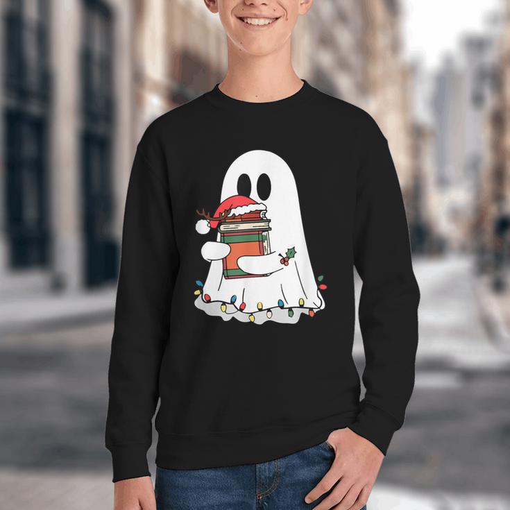 Cute Ghost Holding Books Bookish Christmas Youth Crewneck Sweatshirt