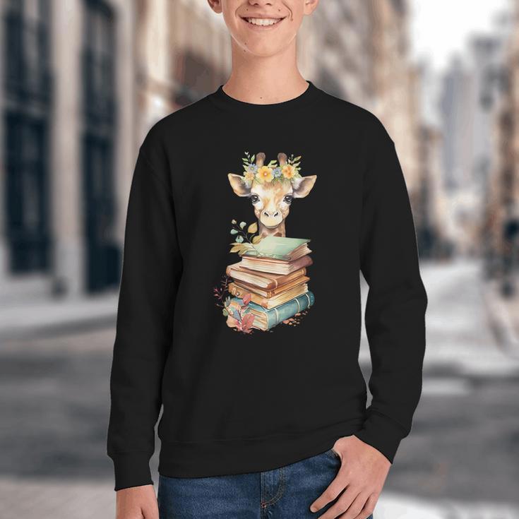 Cute Giraffe With Book Floral Bookworm Librarian Book Lover Youth Crewneck Sweatshirt