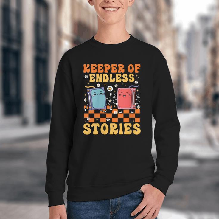 Cute Librarian Library Book Lover Keeper Of Endless Stories Youth Crewneck Sweatshirt