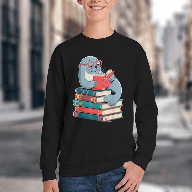 Cute Reading Seal On Books Book Lover Youth Crewneck Sweatshirt