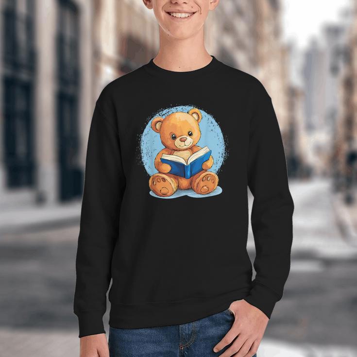 Cute Teddy Bear Reading Book Fun Youth Crewneck Sweatshirt