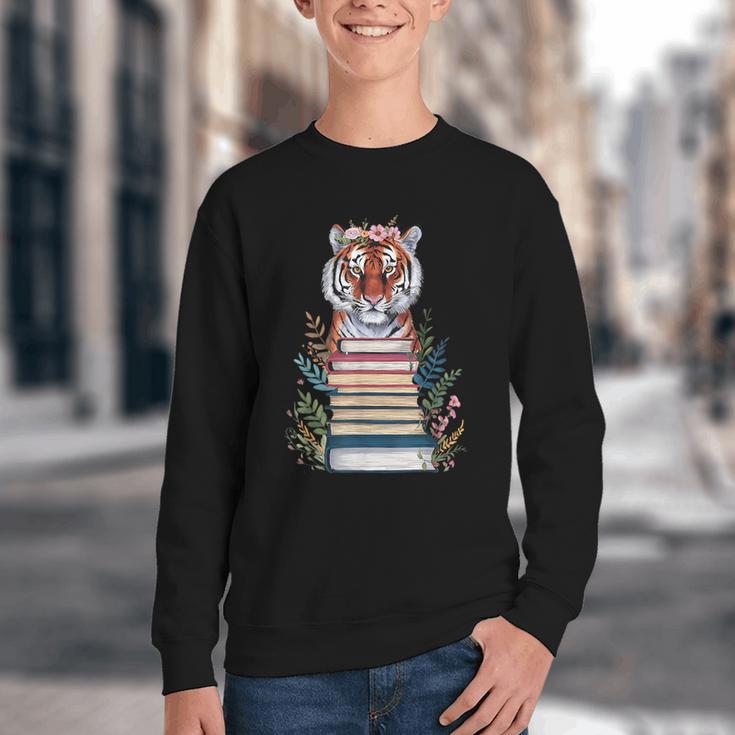 Cute Tiger With Book Floral Bookworm Librarian Book Lover Youth Crewneck Sweatshirt Cute Tiger With Book Floral Bookworm Librarian Book Lover Youth Crewneck Sweatshirt
