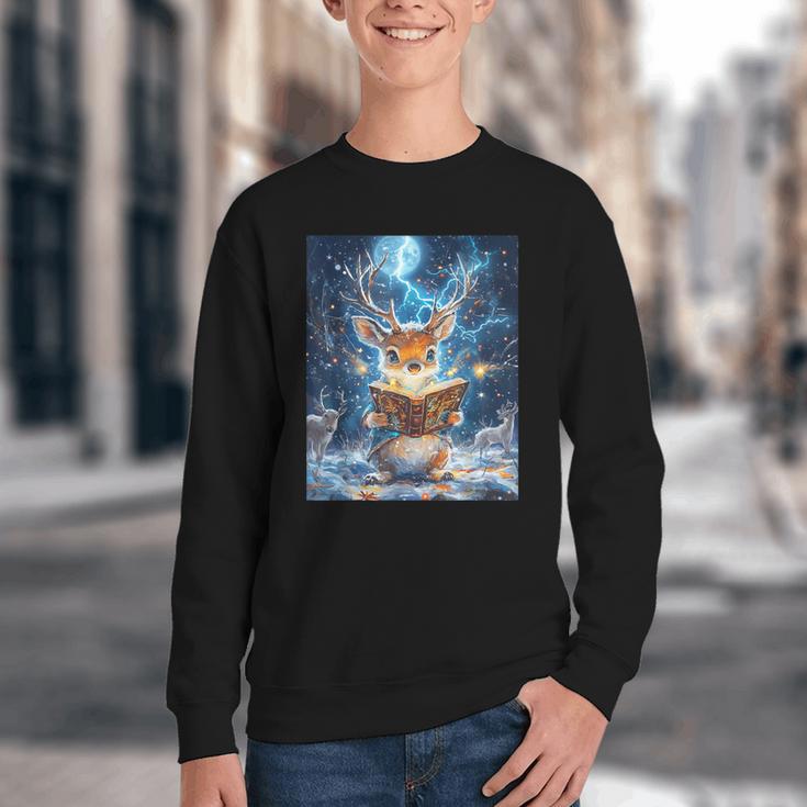 Deer Reads Book Women Girls Reindeer Youth Crewneck Sweatshirt