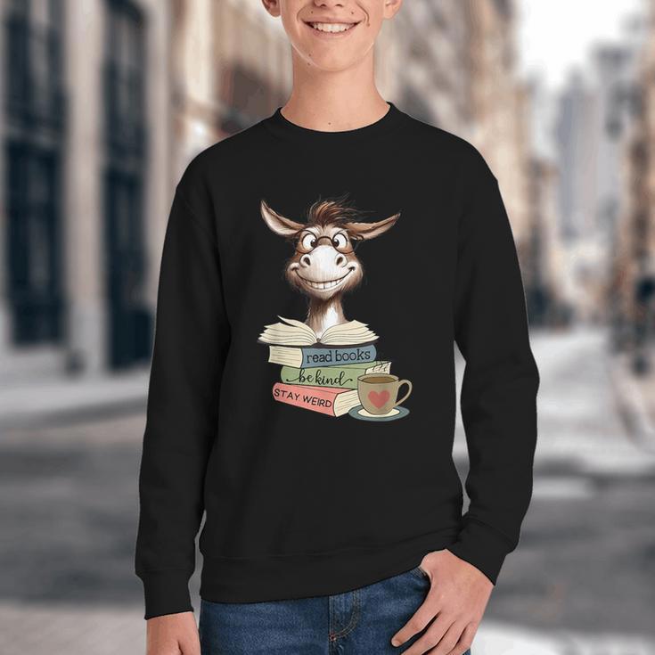 Donkey Reading Book Read Books Be Kind Stay Weird Librarian Youth Crewneck Sweatshirt